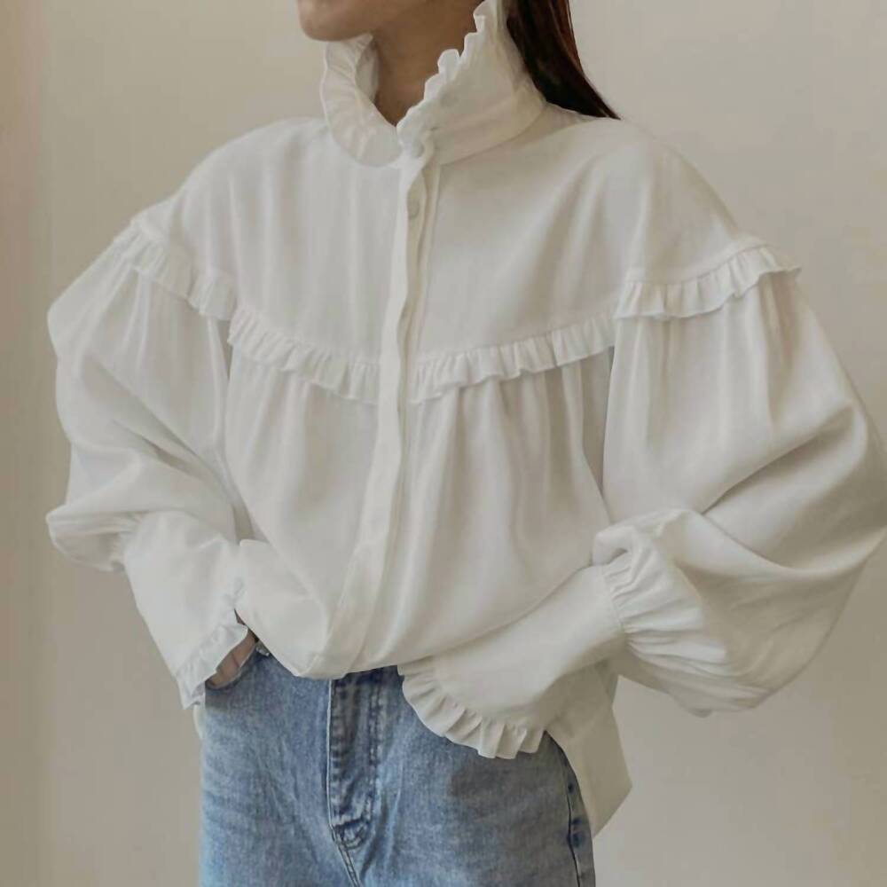 NEW HIDDENBRAND french lapel lantern sleeve lace design shirt in white